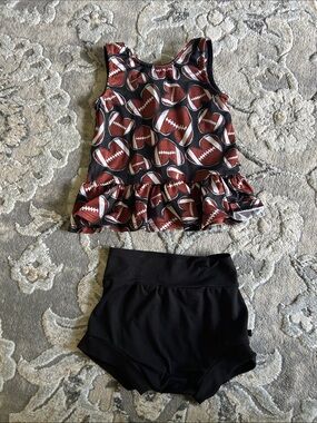 Little Rangos Girls Football Print Ruffle Tankini Top with Black Bottoms